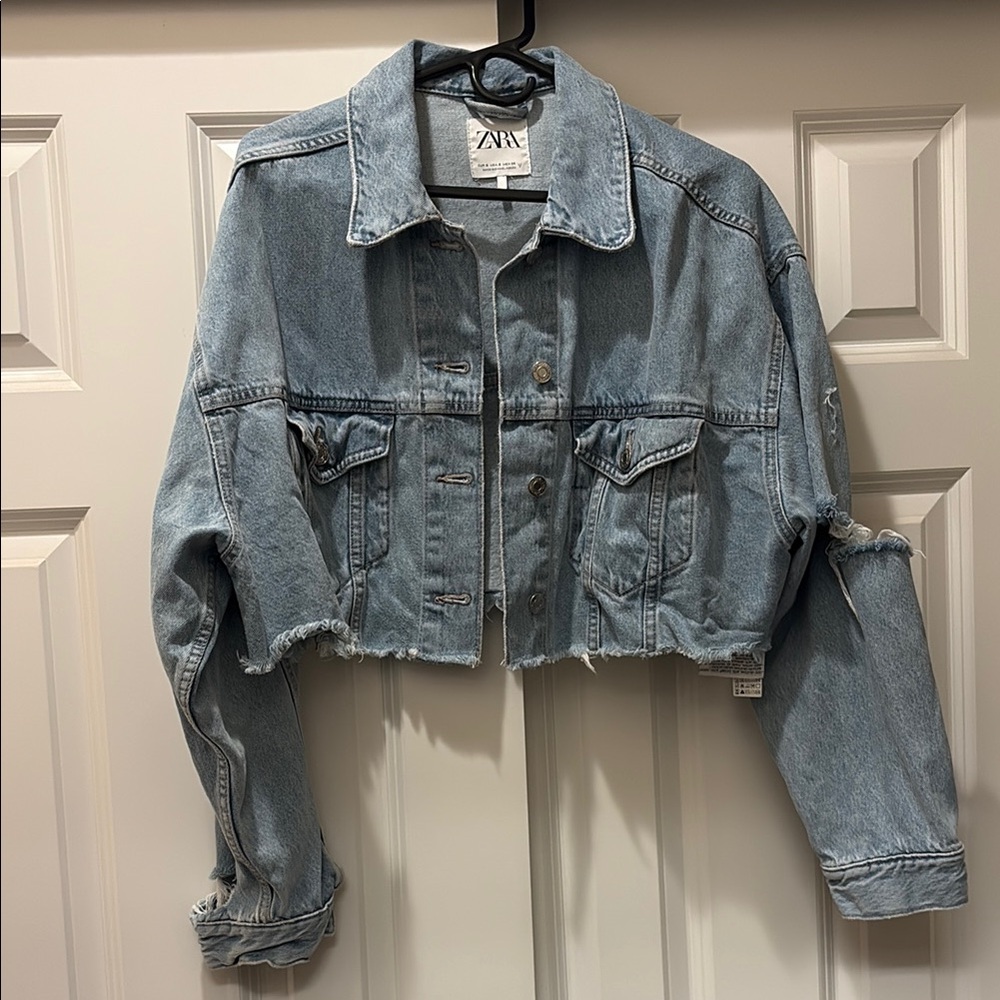 Zara Distressed Crop Denim Jacket.